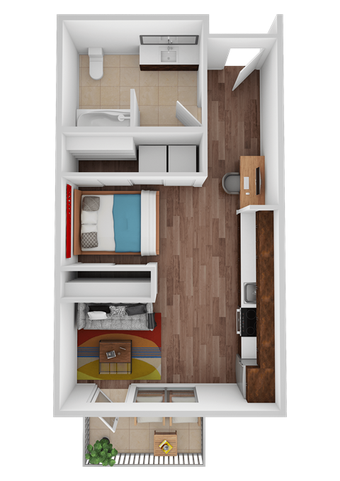 A top-down view of a small apartment with a bed, a couch, a desk, and a kitchenette.